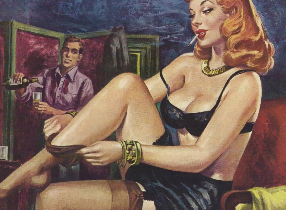 rolling up her stockings while her lover pours an after-sex drink