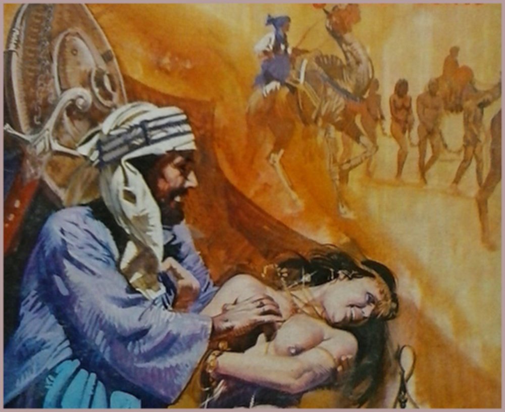 bedoin molesting a slavegirl as a coffle of slaves trudges past in a desert sand storm