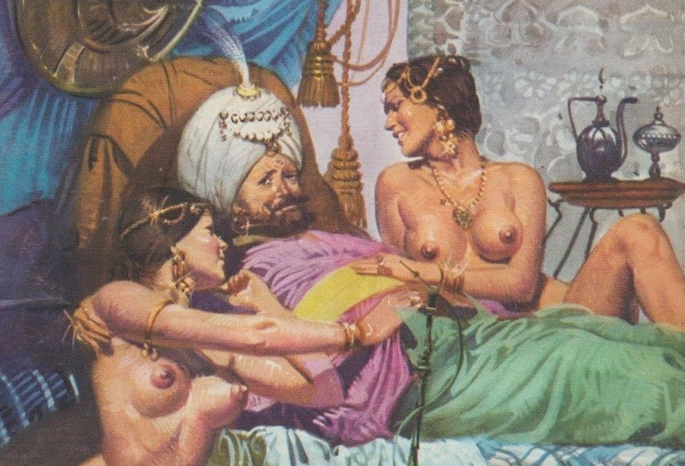 sultan reclining with two naked harem girls and a hookah and a pot of tea