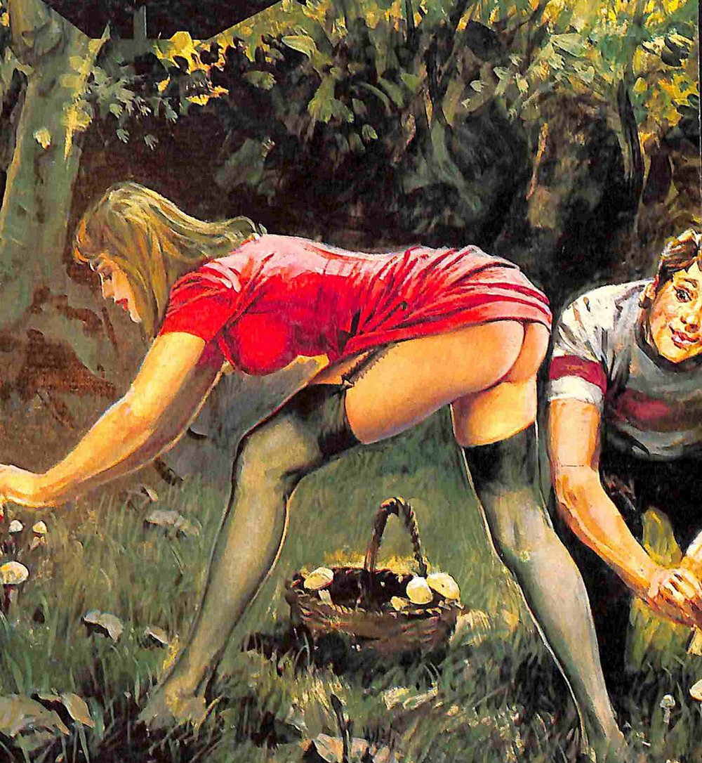 exhibitionist picking mushrooms