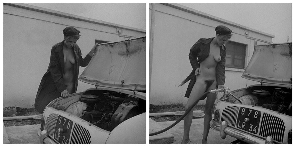European nude gassing up a car