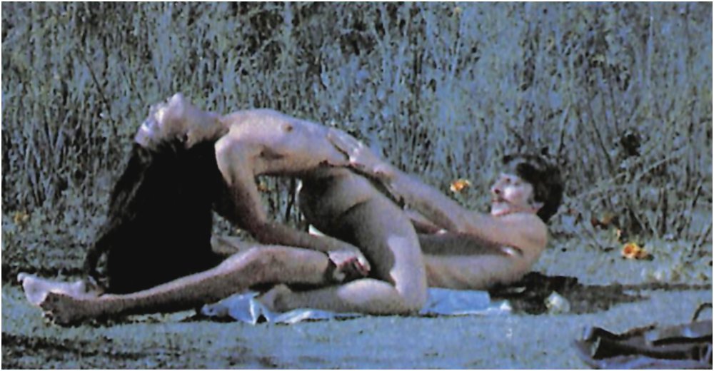 Cowboy and indian woman have friendly sex on a horse blanket in the grass in the movie sweet savage