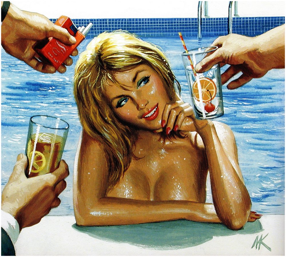 sexy nude in the pool being offered cigarettes and drinks by many men -- art by Mort Kunstler