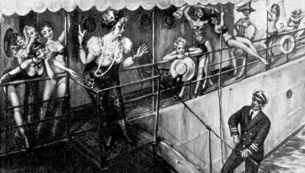 pulp illustration of a tramp steamer in WWII being boarded by a US Navy officer intent on shutting down this floating bordello