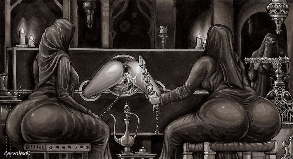 two veiled women expand the anus of a harem slave while drinking tea and chatting - art by Cervolex