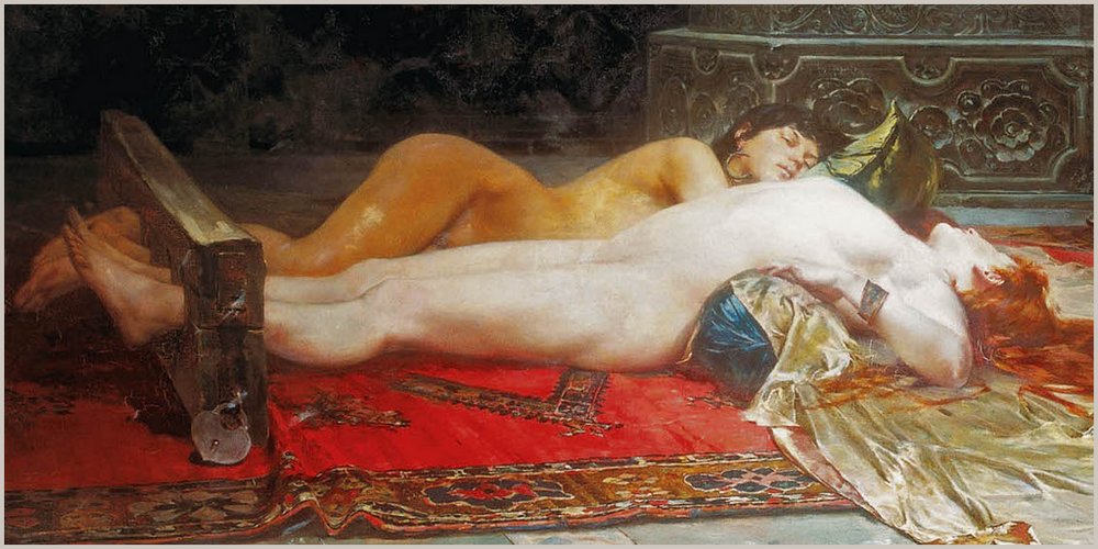 bondage orientalism harem art: naked slaves wait to be punished