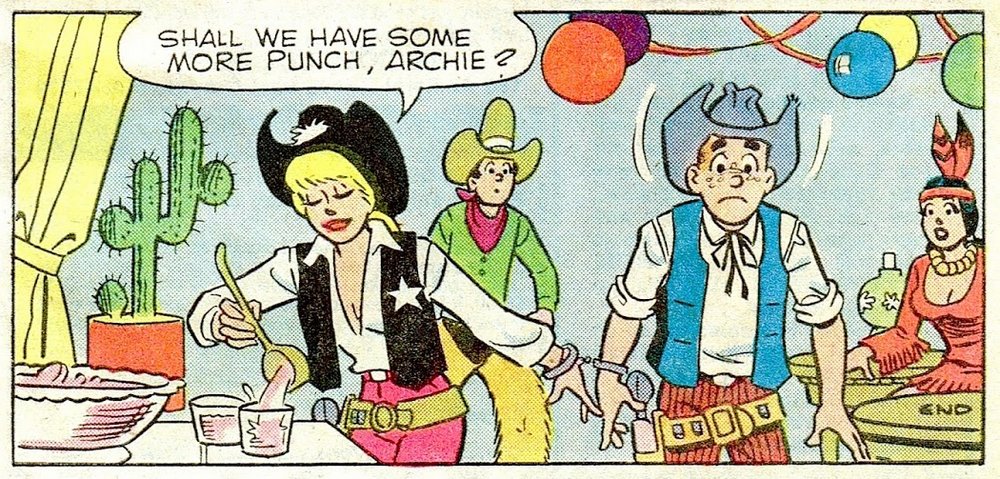 betty has archie in her handcuffs at a costume party