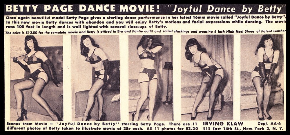 BDSM magazine advertisement for still photos from Betty Page movie called Joyful Dance by Irving Klaw