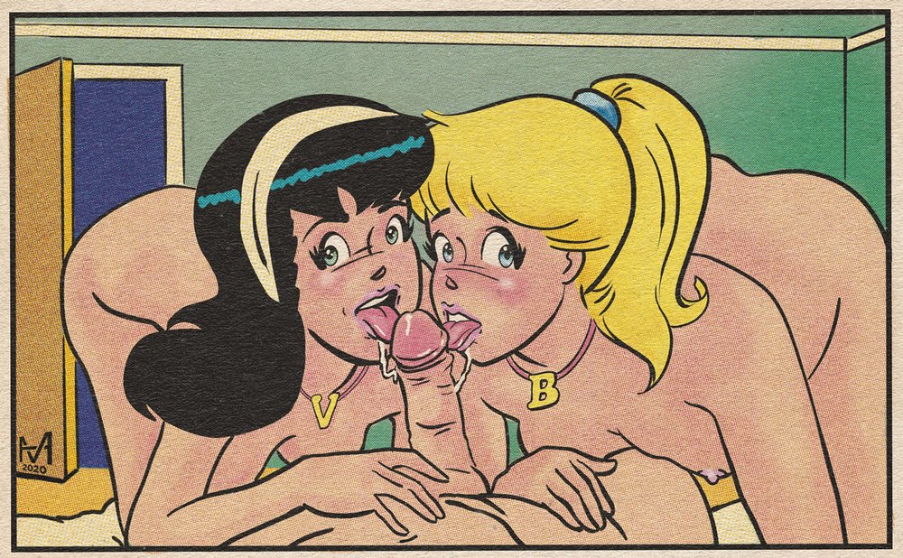 betty and veronica in cute matching collars give a double blowjob