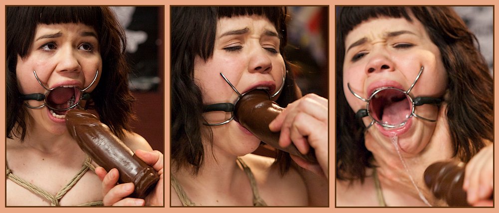 spider-gagged girl forced to practice deep throating a thick dildo until she gags on it