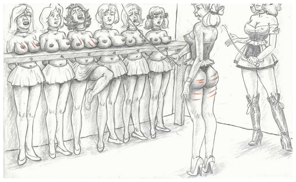 Art by Hedon -- six girls bound for a brutal tit whipping