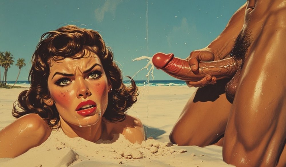 Woman buried to the neck in sand grimaces as a man jerks off all over her face