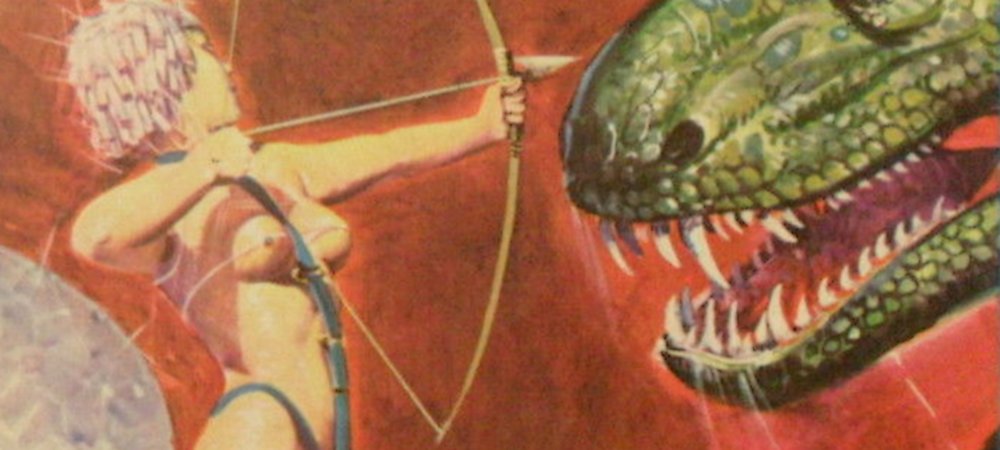 naked amazon warrior woman shoots arrow from a boat at t-rex dinosaur monster