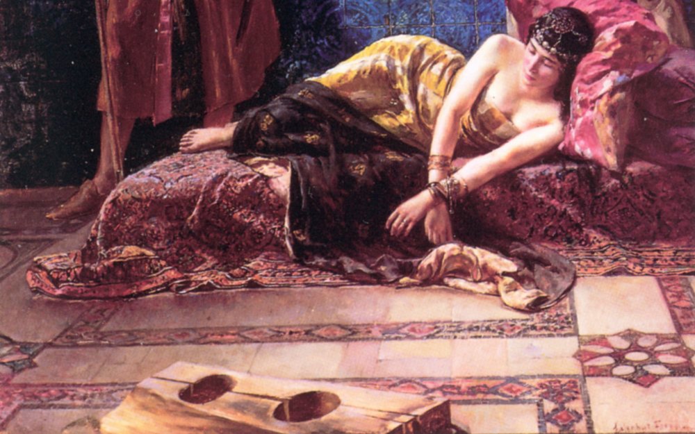 bondage orientalism: guarded concubine with chained wrists waits in harem