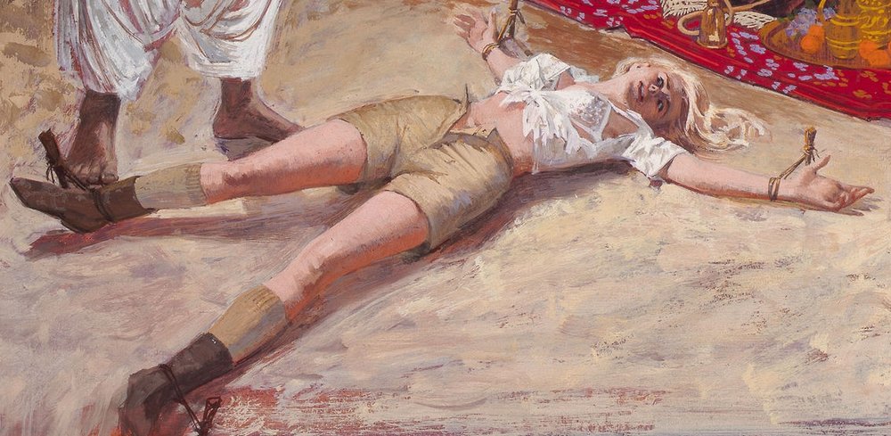 woman spread-eagled on the sand floor of an arab tent