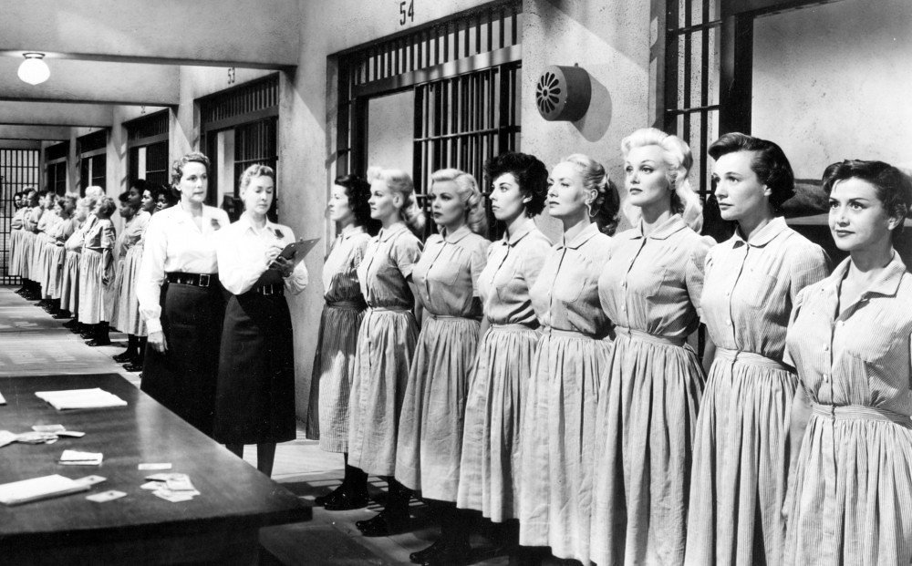 women inmates lined up for inspection at a prison for women