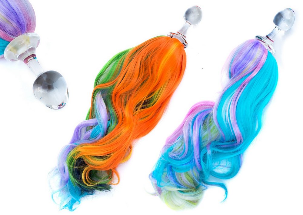 pony tails glass buttplug with rainbow tail colors
