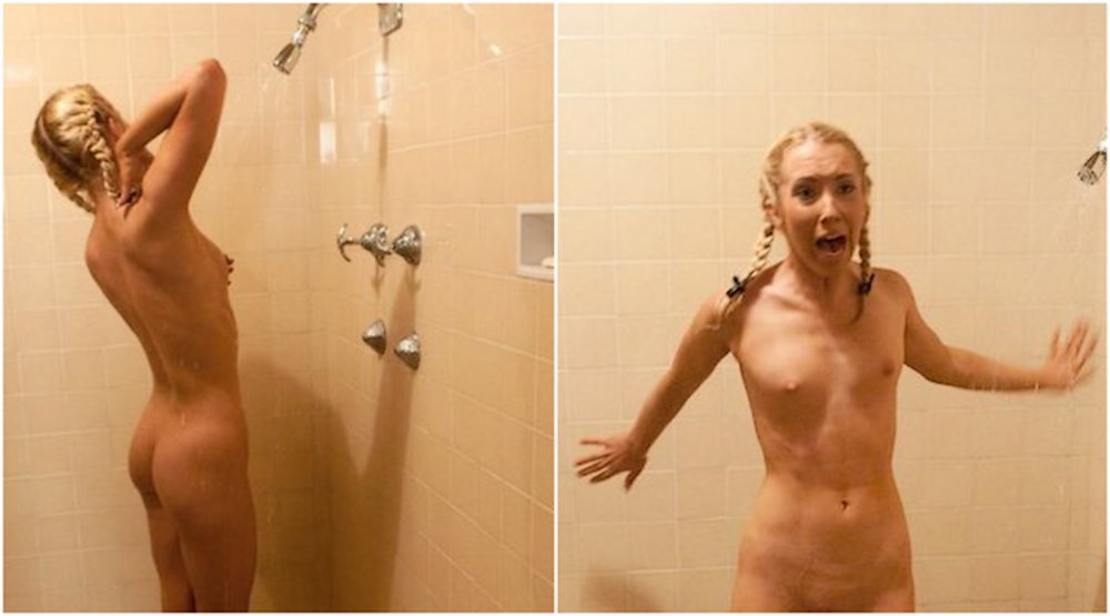 Pretty blonde Nicki Blue caught naked in a public shower by two men