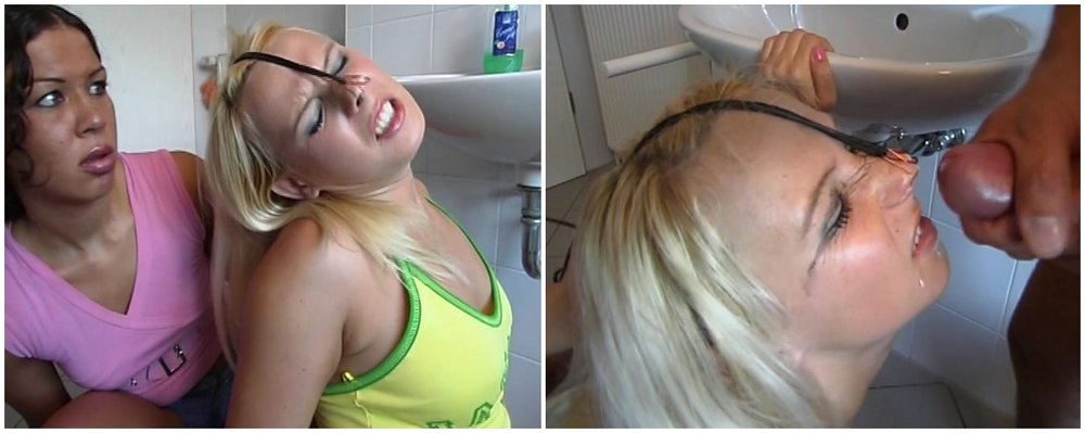 woman gives a bathroom bj while another woman holds her head