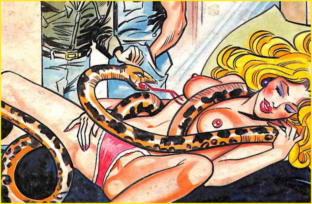 woman writhing on a bed with a large snake while two men watch
