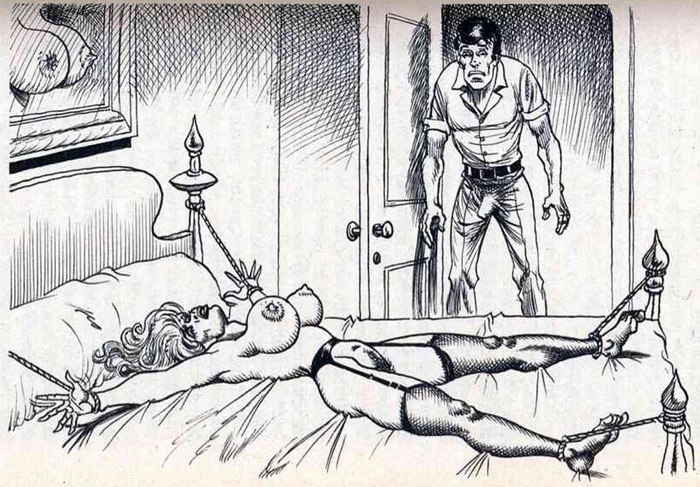 spread-eagled in bondage and waiting to be raped by her husband