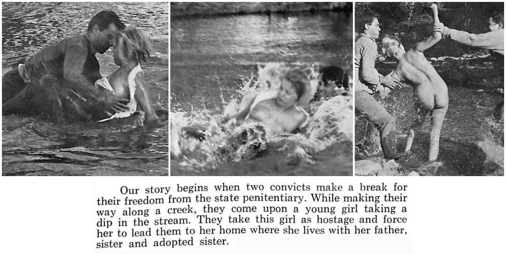 images from the movie Rough featuring a skinny woman captured by convicts while bathing in a stream