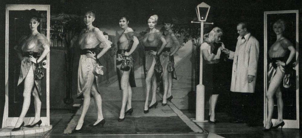 A chorus line of scantily clad half nude strippers