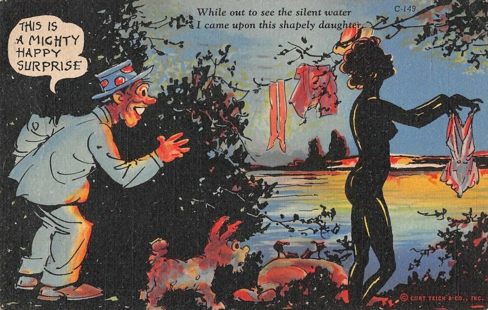postcard of peeping tom spying on a woman washing her undies